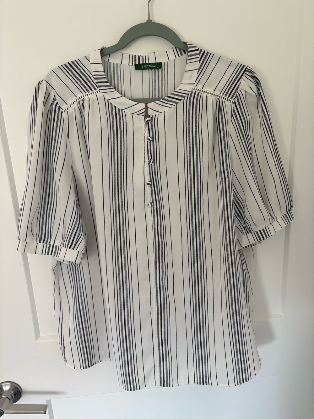 Striped Button-Front Blouse in Black and White by Triratna